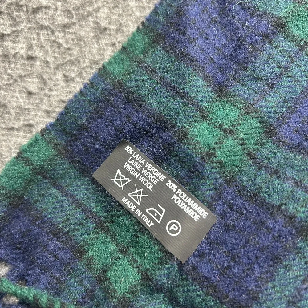 LL‎ Bean Italian Wool Blend Plaid Scarf Fringe Trim Navy Made In Italy Tartan